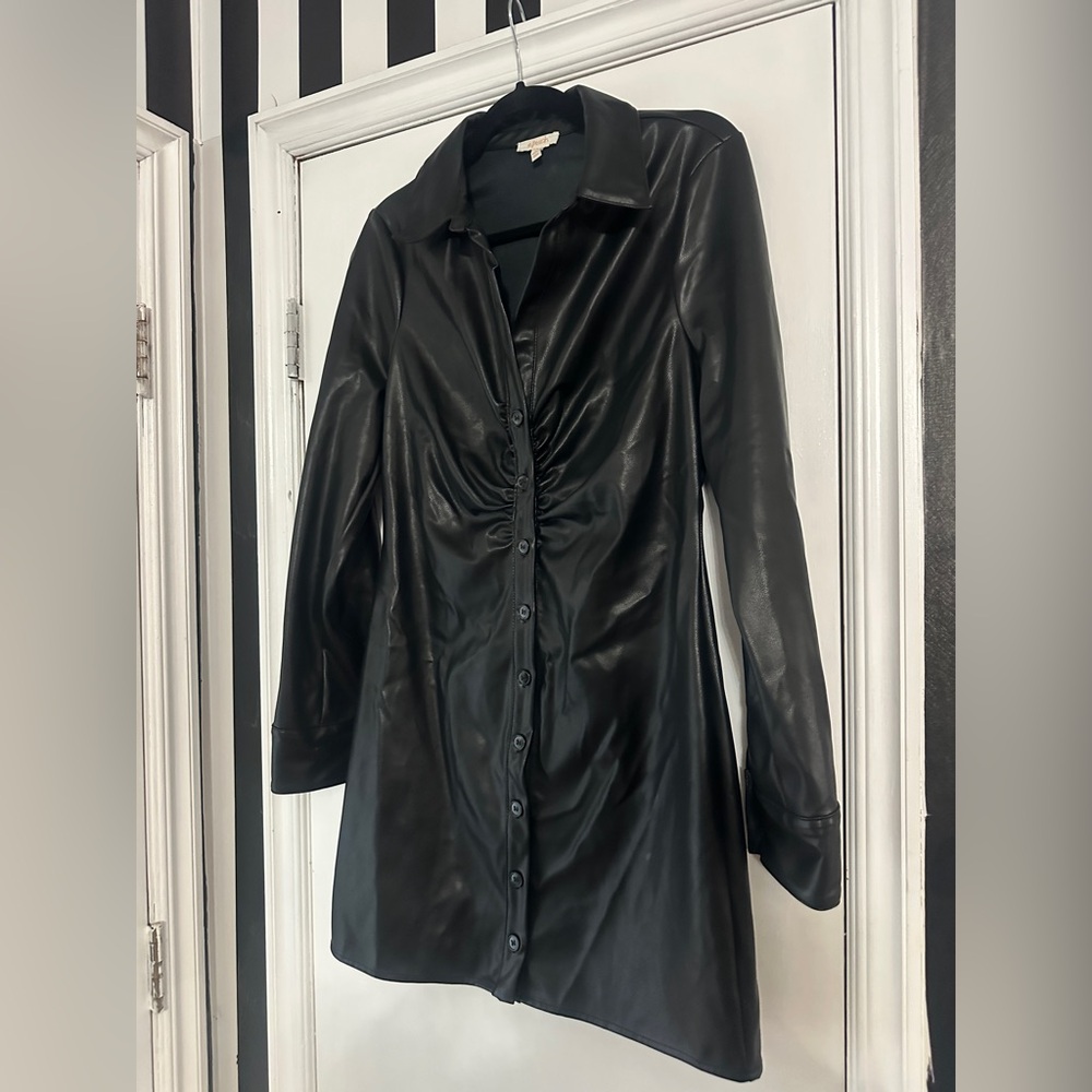 VICI Black Faux Leather Ruched Button-Front Dress – Size Large